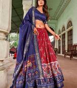 Navy Blue and Red Tussar Silk Lehenga Choli With Patola Print and Foli Work