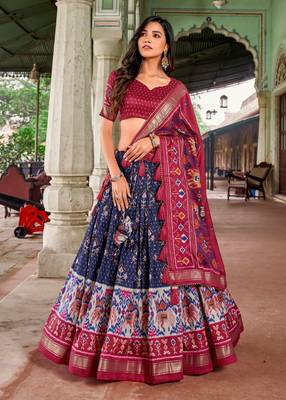 Women's Tussar Silk With Patola Print And Foil Work Lehenga Choli Set 1