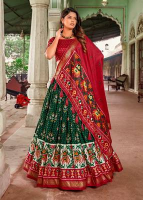Women's Tussar Silk With Patola Print And Foil Work Lehenga Choli Set 1