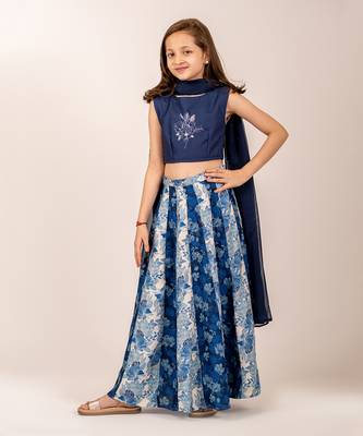 Navy Blue Floral Print Lehenga Choli for Girls Festive Wear 1