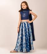 Navy Blue Floral Print Lehenga Choli for Girls Festive Wear