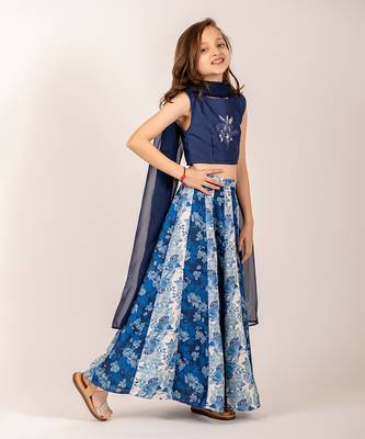 Navy Blue Floral Print Lehenga Choli for Girls Festive Wear 2