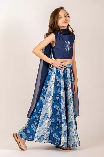 Navy Blue Floral Print Lehenga Choli for Girls Festive Wear