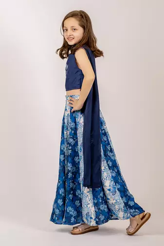 Navy Blue Floral Print Lehenga Choli for Girls Festive Wear