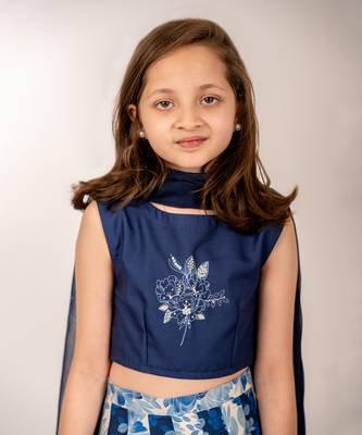 Navy Blue Floral Print Lehenga Choli for Girls Festive Wear 4