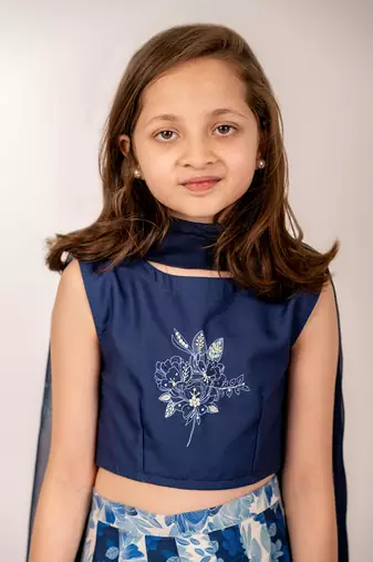 Navy Blue Floral Print Lehenga Choli for Girls Festive Wear