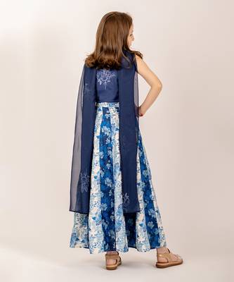 Navy Blue Floral Print Lehenga Choli for Girls Festive Wear 5