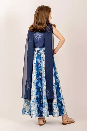 Navy Blue Floral Print Lehenga Choli for Girls Festive Wear