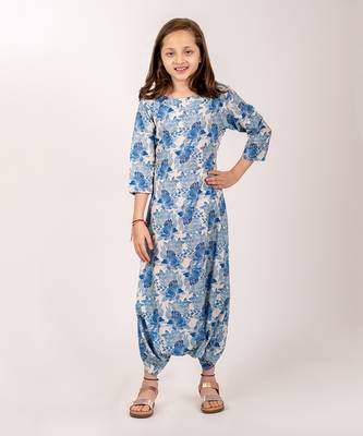 Cream & blue cotton rayon  dhoti jumpsuit 1