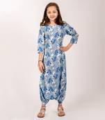 Cream & blue cotton rayon  dhoti jumpsuit