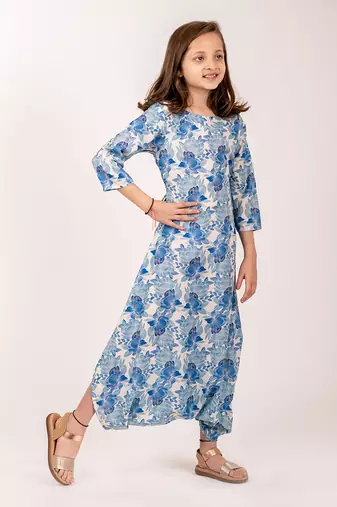 Cream & blue cotton rayon  dhoti jumpsuit
