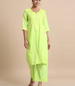 Hassu's women green 3/4th sleeves cotton dobby thread work regular fit calf length kurta set - without dupatta