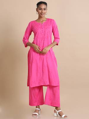 Hassu's women pink 3/4th sleeves cotton dobby thread work regular fit calf length kurta set - without dupatta 1