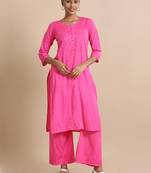 Hassu's women pink 3/4th sleeves cotton dobby thread work regular fit calf length kurta set - without dupatta