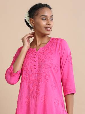 Hassu's women pink 3/4th sleeves cotton dobby thread work regular fit calf length kurta set - without dupatta 3