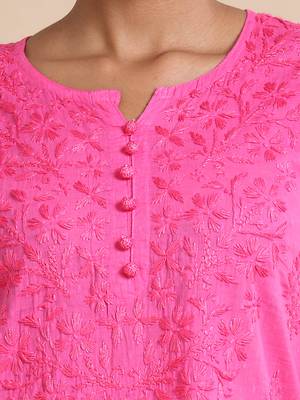Hassu's women pink 3/4th sleeves cotton dobby thread work regular fit calf length kurta set - without dupatta 4