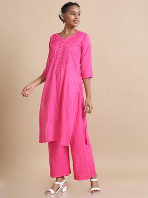 Hassu's women pink 3/4th sleeves cotton dobby thread work regular fit calf length kurta set - without dupatta 5