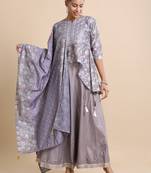 Hassu's women purple 3/4th sleeves chanderi mica print regular fit hip length kurta set - with dupatta