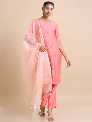 Hassu's women salmon elbow sleeves cotton silk thread work regular fit calf length kurta set - with dupatta 1