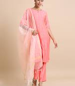 Hassu's women salmon elbow sleeves cotton silk thread work regular fit calf length kurta set - with dupatta