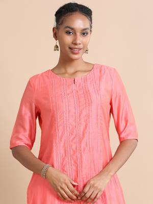 Hassu's women salmon elbow sleeves cotton silk thread work regular fit calf length kurta set - with dupatta 2