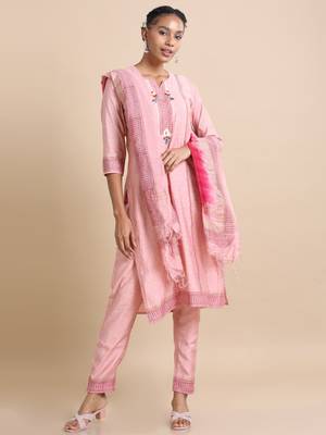 Hassu's women pink 3/4th sleeves chanderi silk regular fit calf length kurta set - with dupatta 1