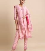 Hassu's women pink 3/4th sleeves chanderi silk regular fit calf length kurta set - with dupatta