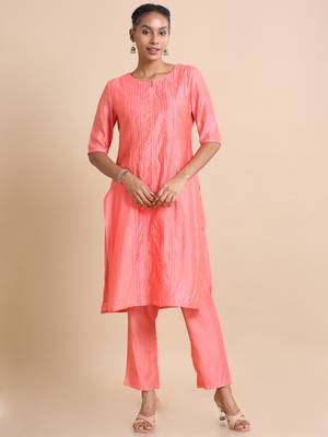 Hassu's women salmon elbow sleeves cotton silk thread work regular fit calf length kurta set - with dupatta 4