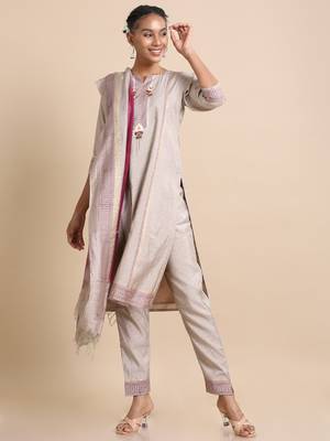Hassu's women light brown 3/4th sleeves chanderi silk regular fit calf length kurta set - with dupatta 1