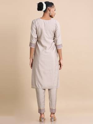 Hassu's women light brown 3/4th sleeves chanderi silk regular fit calf length kurta set - with dupatta 2