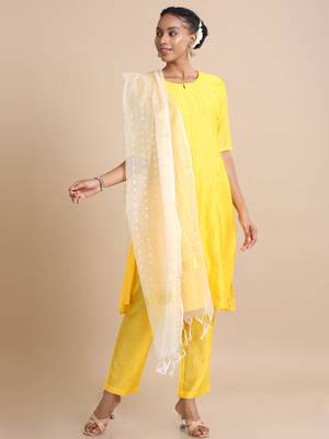 Hassu's women sunshine elbow sleeves cotton silk thread work regular fit calf length kurta set - with dupatta 1
