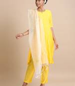 Hassu's women sunshine elbow sleeves cotton silk thread work regular fit calf length kurta set - with dupatta