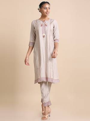 Hassu's women light brown 3/4th sleeves chanderi silk regular fit calf length kurta set - with dupatta 4