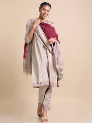Hassu's women light brown 3/4th sleeves chanderi silk regular fit calf length kurta set - with dupatta 5