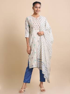 Hassu's women khaki 3/4th sleeves cotton silk floral print regular fit calf length kurta set - with dupatta 1