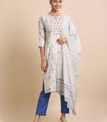 Hassu's women khaki 3/4th sleeves cotton silk floral print regular fit calf length kurta set - with dupatta