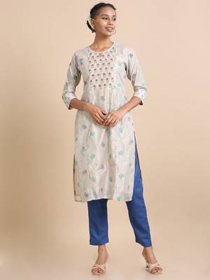 Hassu's women khaki 3/4th sleeves cotton silk floral print regular fit calf length kurta set - with dupatta 2