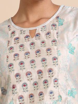 Hassu's women khaki 3/4th sleeves cotton silk floral print regular fit calf length kurta set - with dupatta 3
