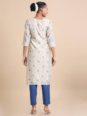 Hassu's women khaki 3/4th sleeves cotton silk floral print regular fit calf length kurta set - with dupatta 4
