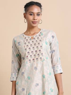 Hassu's women khaki 3/4th sleeves cotton silk floral print regular fit calf length kurta set - with dupatta 5