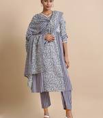 Hassu's women blue 3/4th sleeves  floral print, embellishments regular fit calf length kurta set - with dupatta