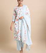 Hassu's women white 3/4th sleeves cotton floral print regular fit calf length kurta set - with dupatta