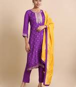 Hassu's women purple full sleeves banaras silk banaras regular fit calf length kurta set - with dupatta