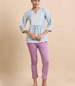 Hassu's women teal 3/4th sleeves cotton geometric print regular fit hip length kurta