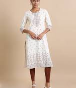 Hassu's women brown 3/4th sleeves cotton floral print, embellishments regular fit calf length kurta