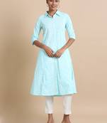 Hassu's women blue 3/4th sleeves cotton floral print regular fit calf length kurta