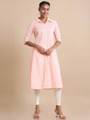 Hassu's women peach 3/4th sleeves cotton floral print regular fit calf length kurta 1