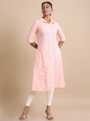 Hassu's women peach 3/4th sleeves cotton floral print regular fit calf length kurta 2