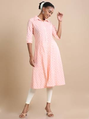 Hassu's women peach 3/4th sleeves cotton floral print regular fit calf length kurta 3
