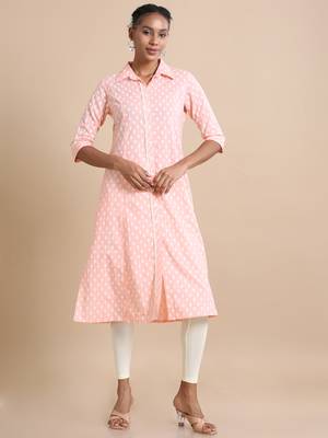 Hassu's women peach 3/4th sleeves cotton floral print regular fit calf length kurta 4